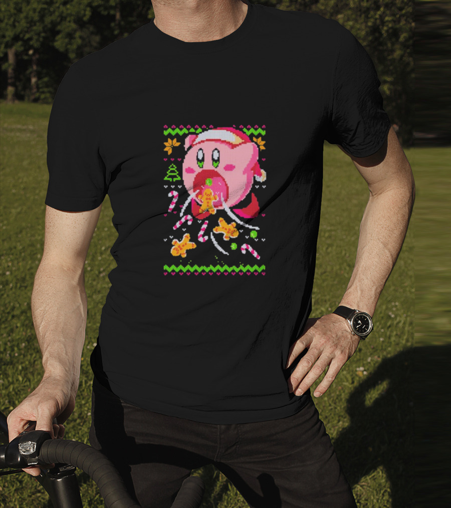 Kirby Santa Hat Eating Gingerbread Candy Canes Holiday T-Shirt