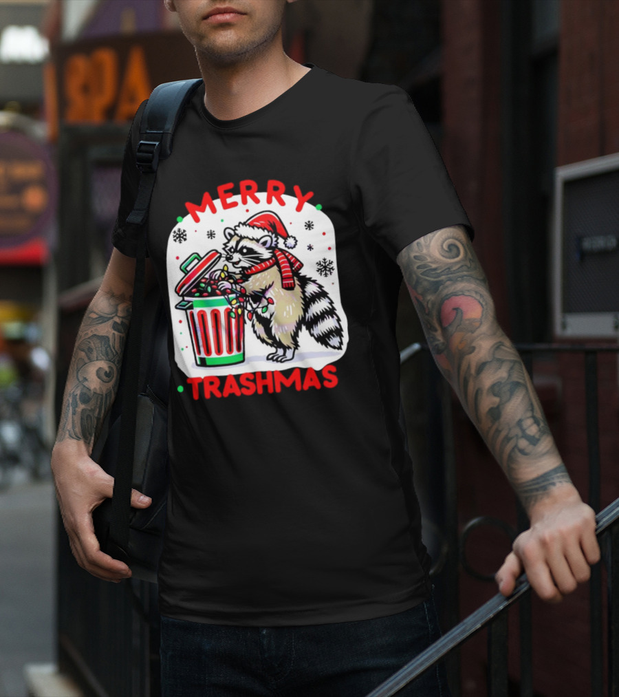 Merry Trashmas Raccoon Santa With Christmas Lights T-Shirt
