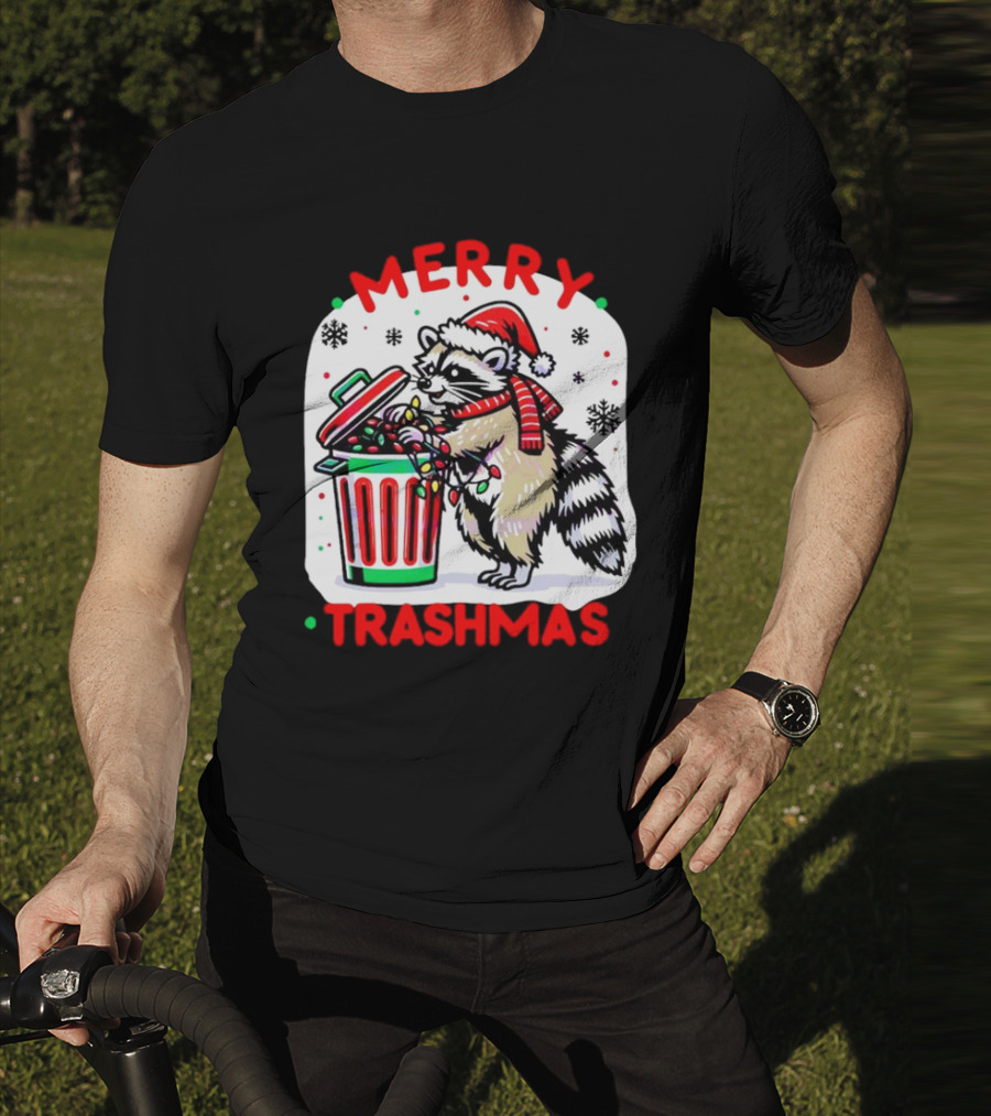 Merry Trashmas Raccoon Santa With Christmas Lights T-Shirt