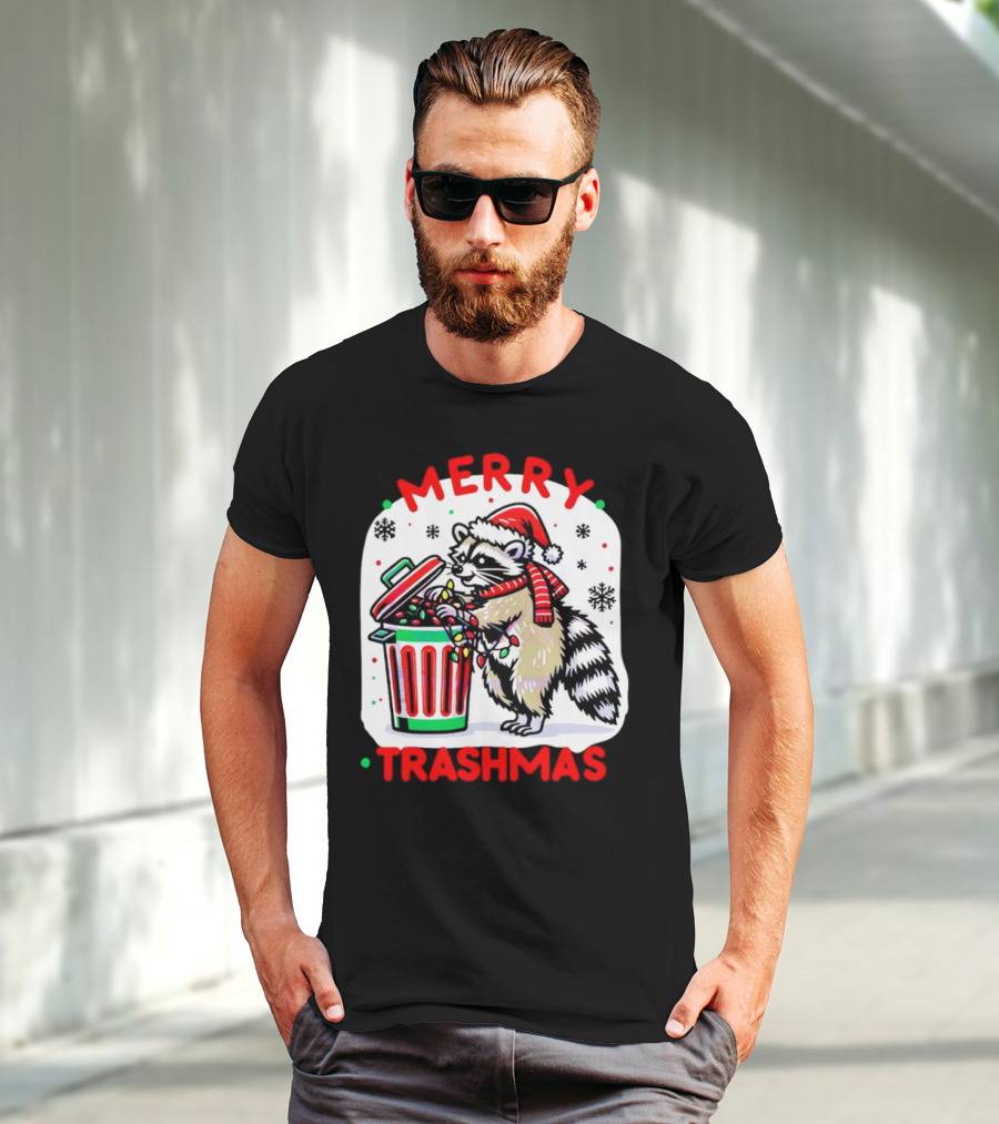 Merry Trashmas Raccoon Santa With Christmas Lights T-Shirt