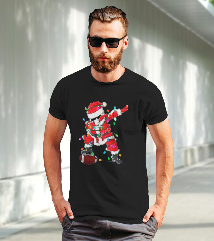 Santa Dabbing With Christmas Lights And Football T-Shirt