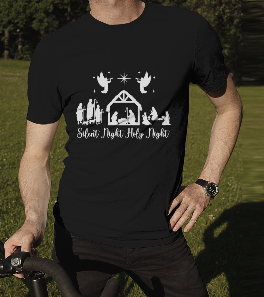 Silent Night Holy Night Nativity Scene With Angels And Star T-Shirt