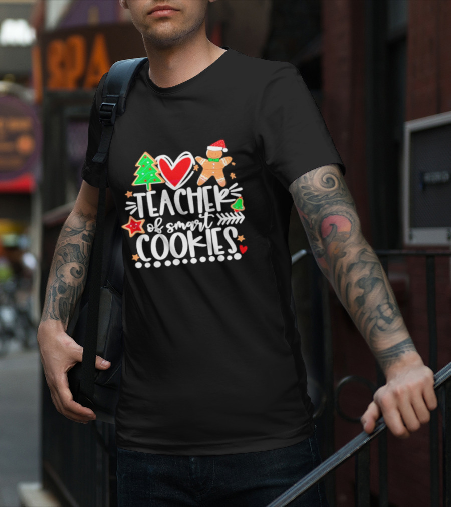 Teacher Of Smart Cookies Christmas Tree Gingerbread Heart Stars T-Shirt