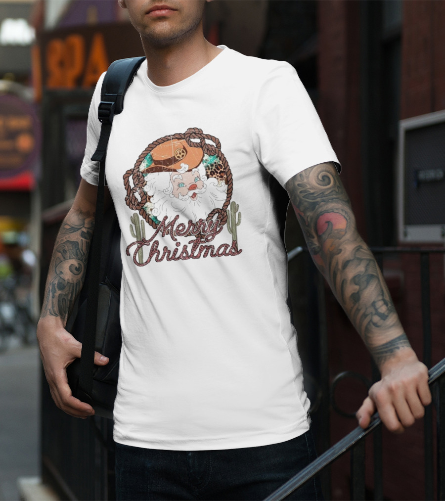 Merry Christmas Western Santa Cactus Rope Cowboy Hat T-Shirt