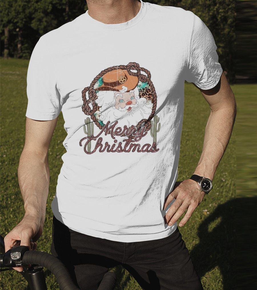 Merry Christmas Western Santa Cactus Rope Cowboy Hat T-Shirt