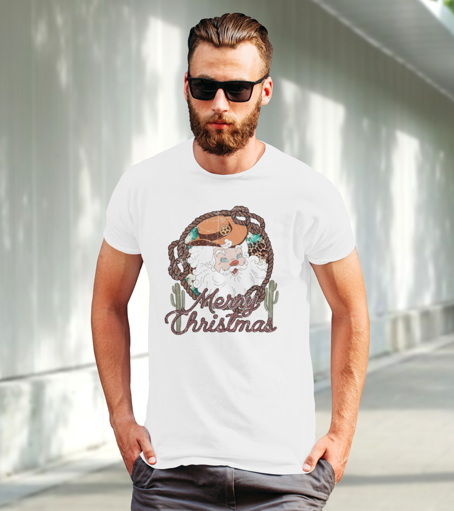 Merry Christmas Western Santa Cactus Rope Cowboy Hat T-Shirt