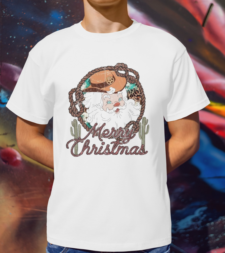 Merry Christmas Western Santa Cactus Rope Cowboy Hat T-Shirt