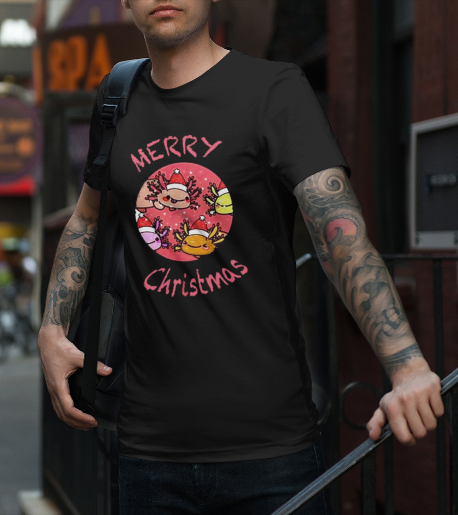 Merry Christmas Axolotl With Santa Hat T-Shirt