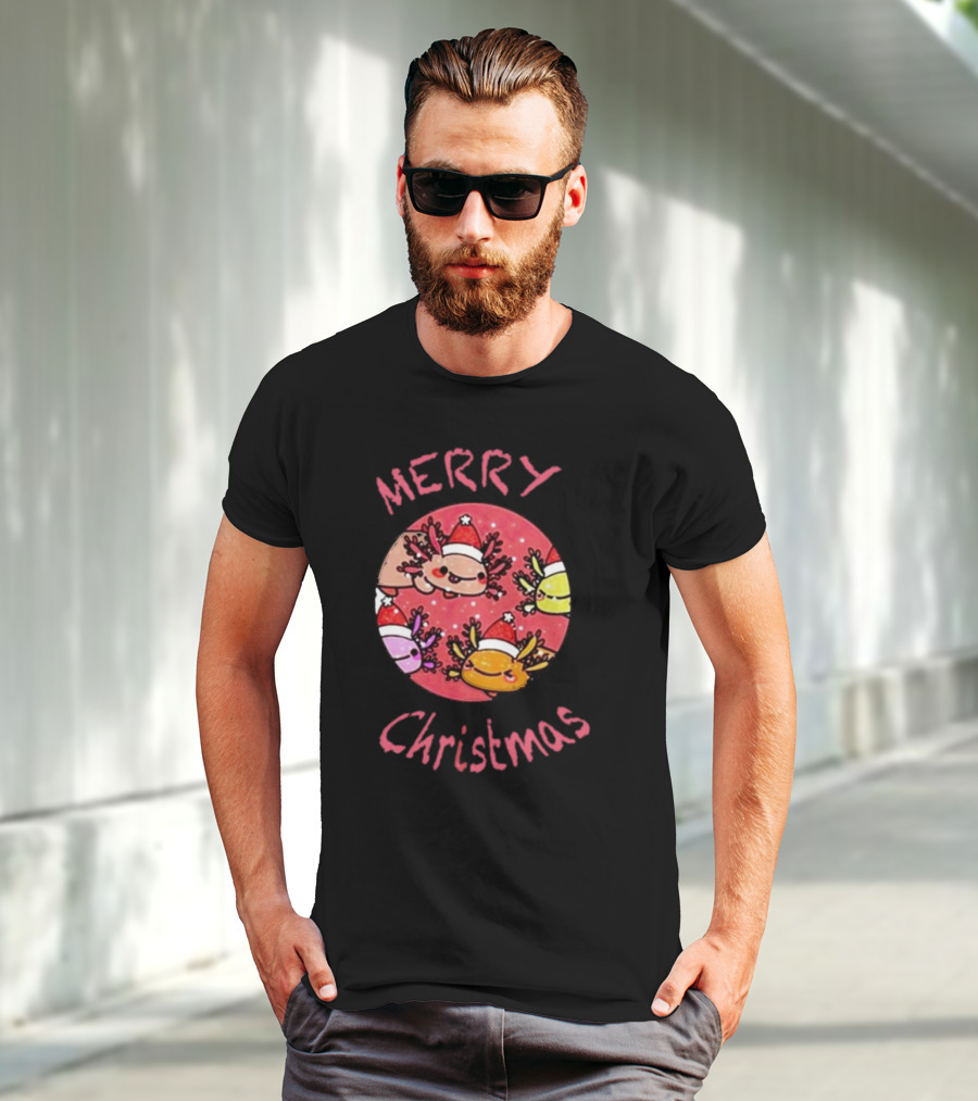 Merry Christmas Axolotl With Santa Hat T-Shirt
