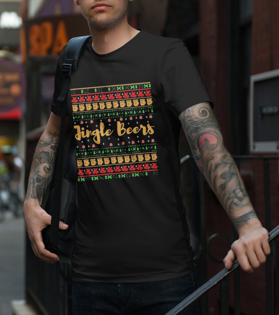Jingle Beers Christmas Sweater Pattern With Beer Mugs And Holiday Decorations T-Shirt