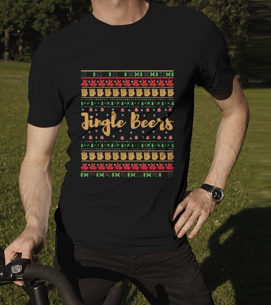 Jingle Beers Christmas Sweater Pattern With Beer Mugs And Holiday Decorations T-Shirt