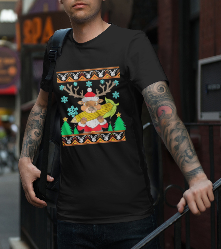 Reindeer Holding Corn With Snowflakes And Trees Christmas T-Shirt