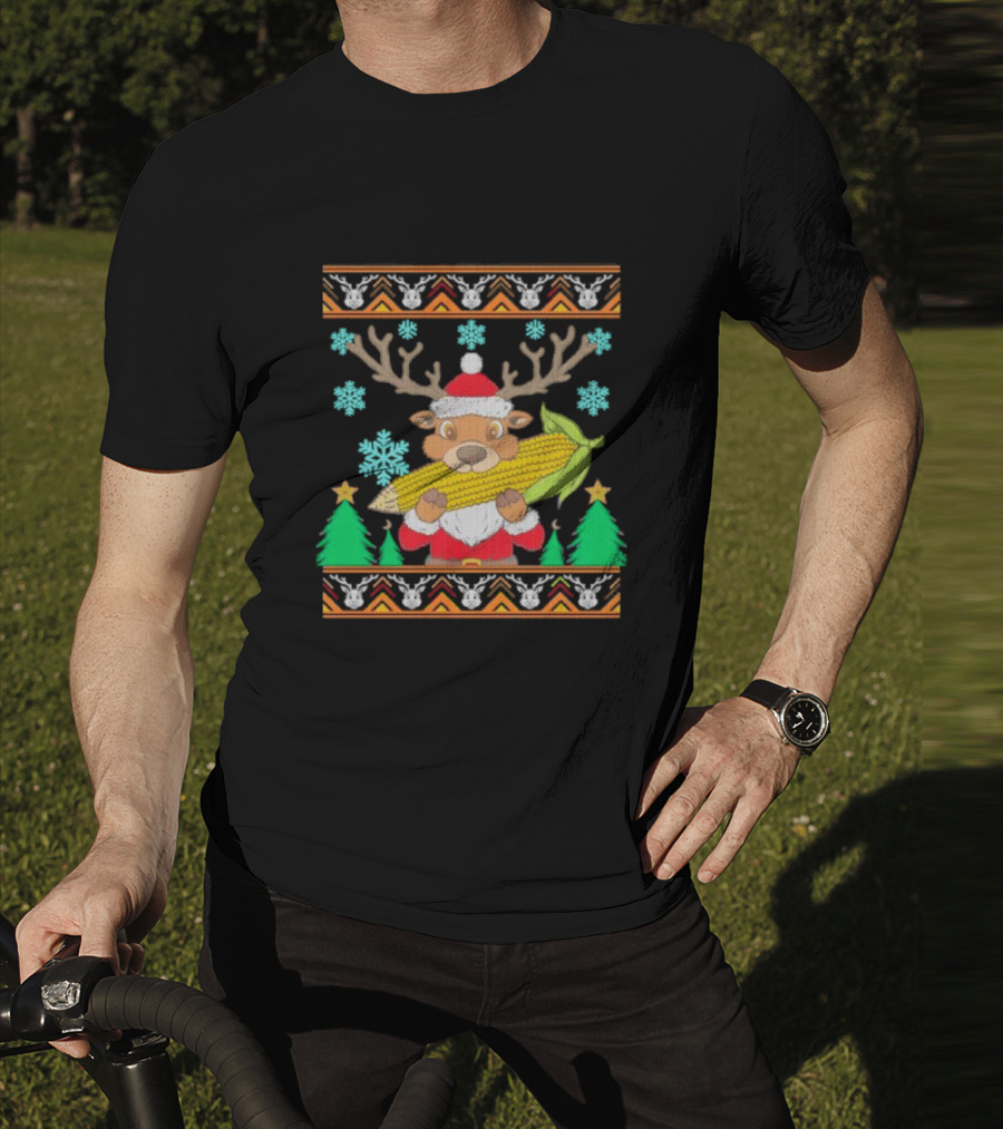 Reindeer Holding Corn With Snowflakes And Trees Christmas T-Shirt