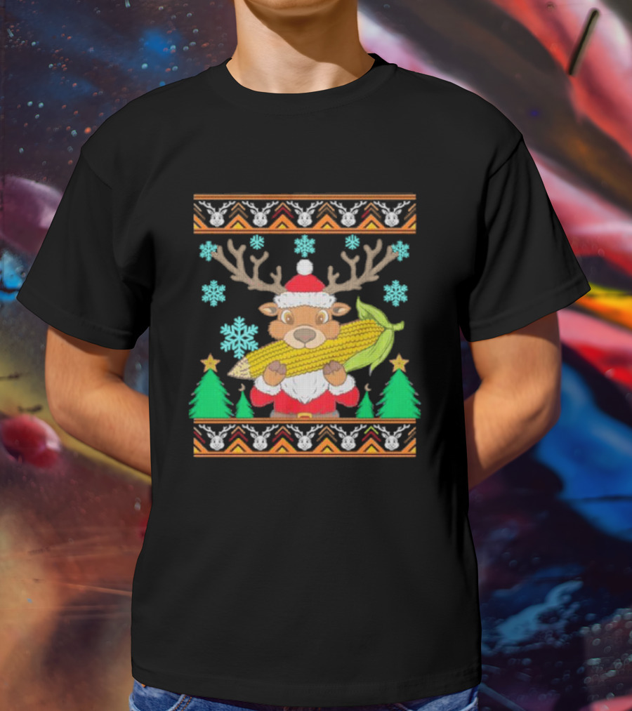 Reindeer Holding Corn With Snowflakes And Trees Christmas T-Shirt