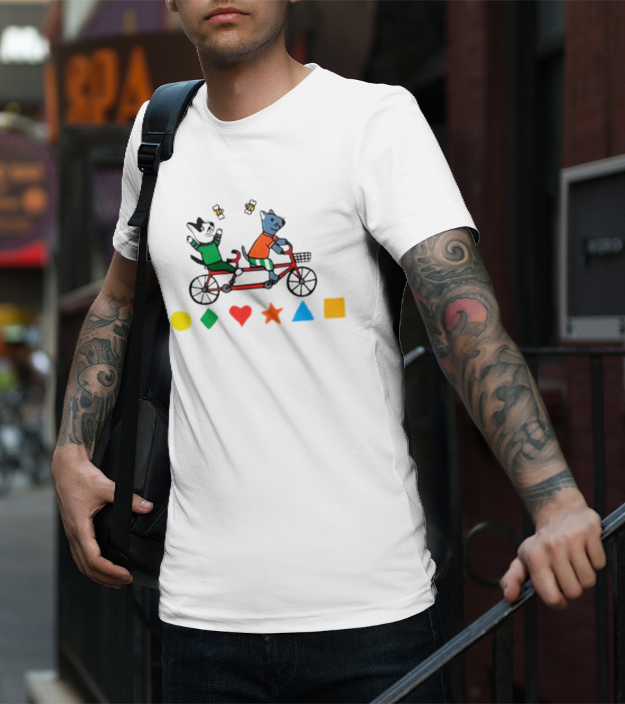 Tandem Cats Bike With Colorful Geometric Shapes T-Shirt