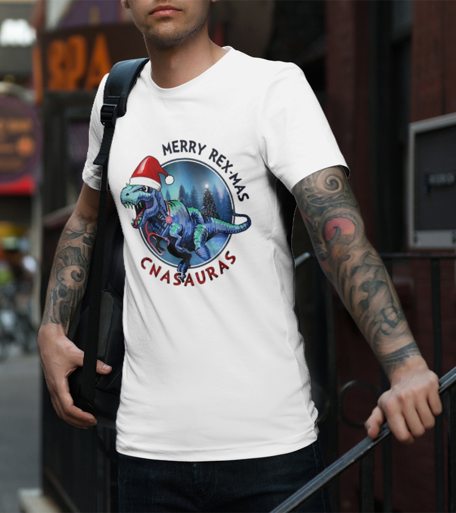 Merry Rex-mas CNAauras Santa Hat Dinosaur Christmas Tree Forest T-Shirt