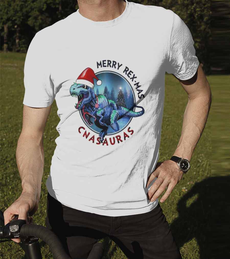Merry Rex-mas CNAauras Santa Hat Dinosaur Christmas Tree Forest T-Shirt