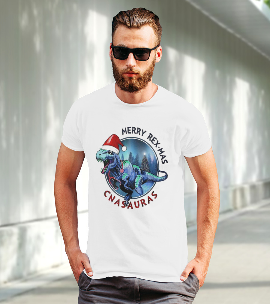Merry Rex-mas CNAauras Santa Hat Dinosaur Christmas Tree Forest T-Shirt