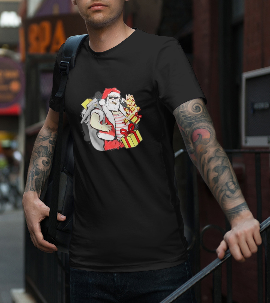 Santa Claus Cool Sunglasses Carrying Christmas Gifts T-Shirt