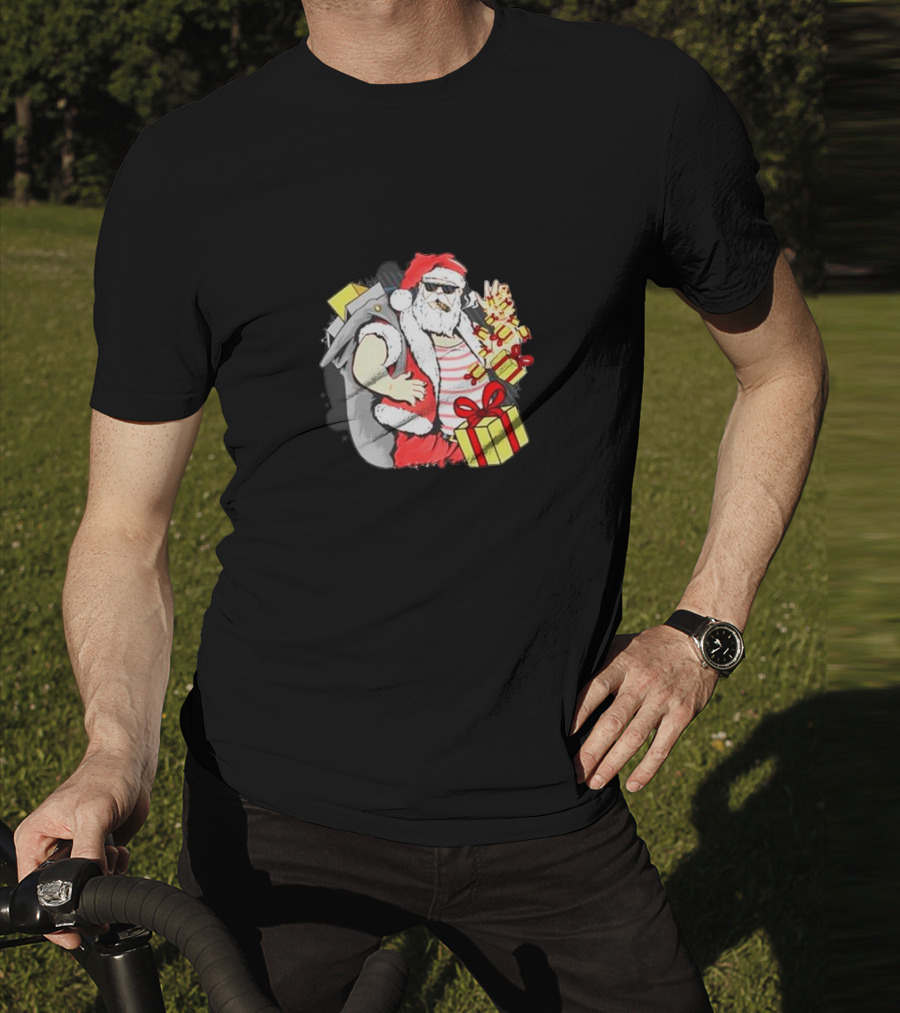 Santa Claus Cool Sunglasses Carrying Christmas Gifts T-Shirt