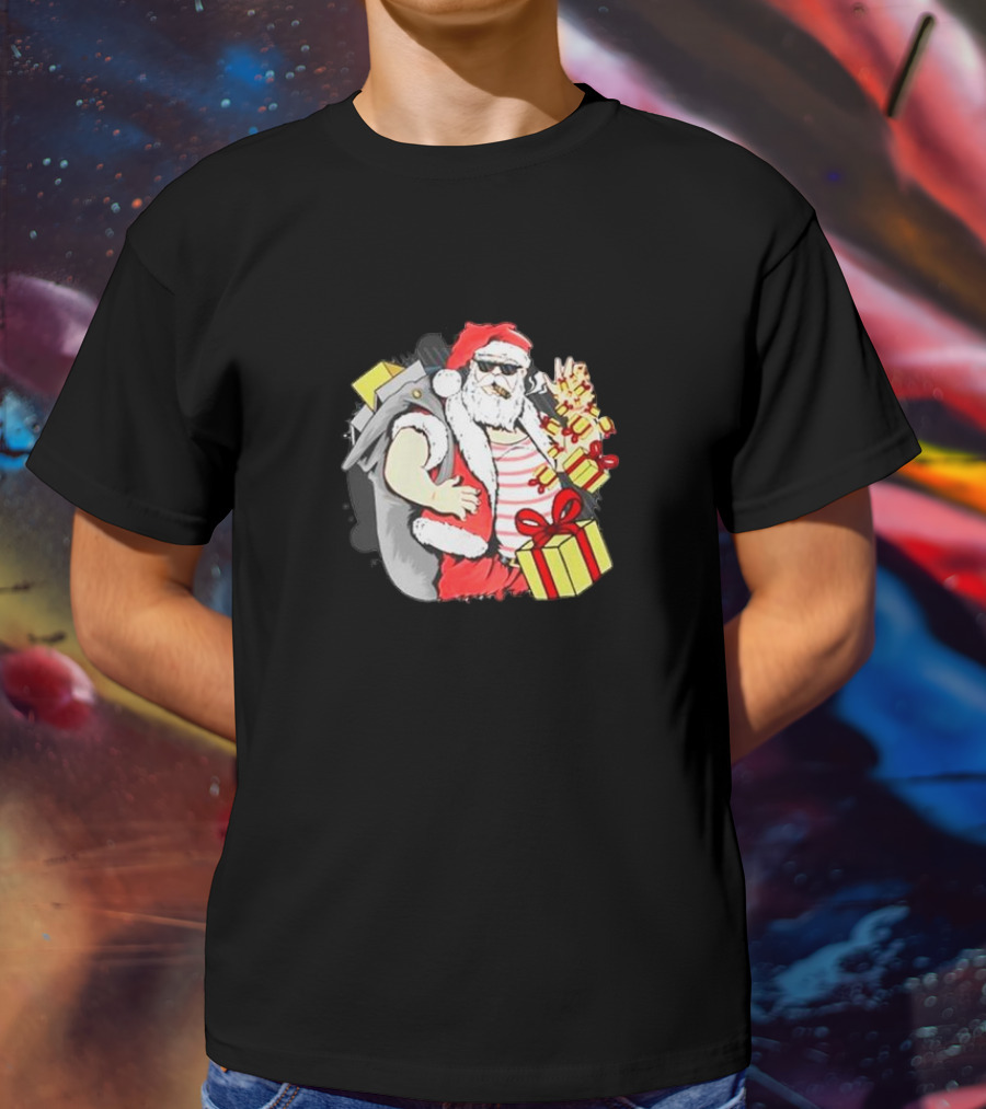 Santa Claus Cool Sunglasses Carrying Christmas Gifts T-Shirt