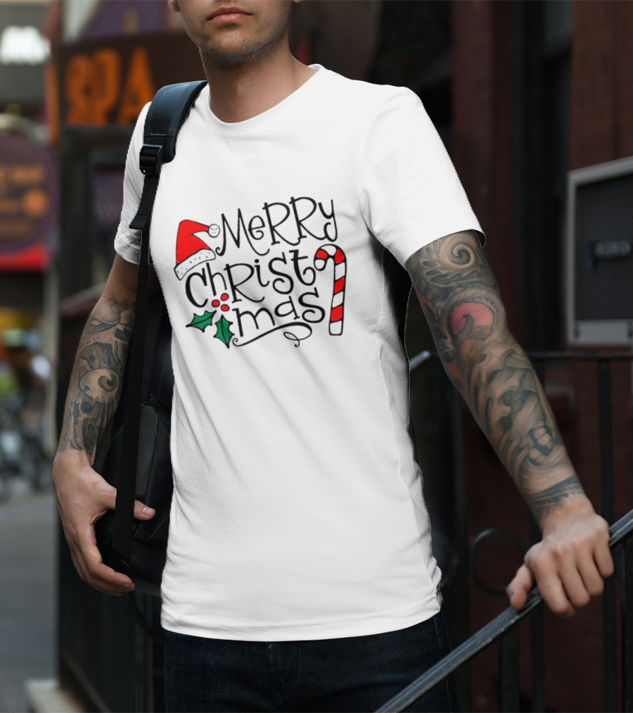 Merry Christmas Santa Hat And Candy Cane T-Shirt