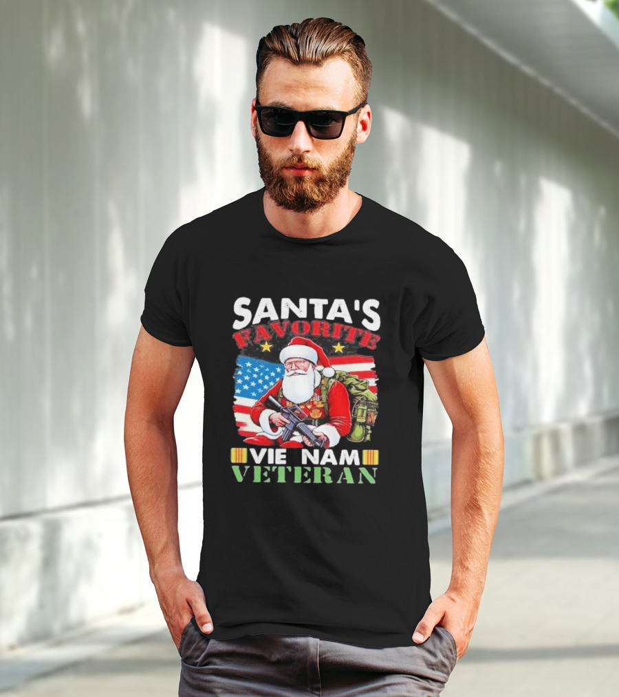 Santa's Favorite Vietnam Veteran With American Flag And Santa Claus Holding Military Gear T-Shirt