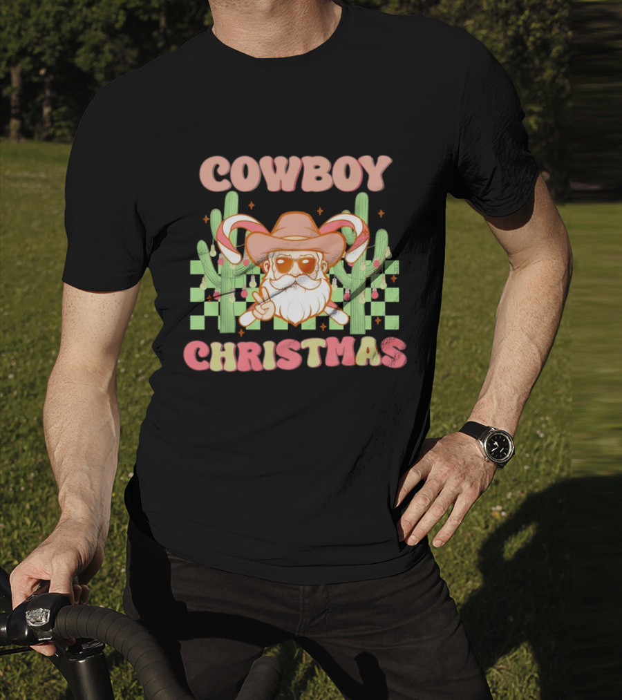 Cowboy Christmas Santa With Candy Cane And Cactus T-Shirt