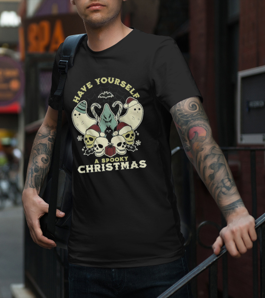 Have Yourself A Spooky Christmas With Ghosts Skulls And Bat T-Shirt