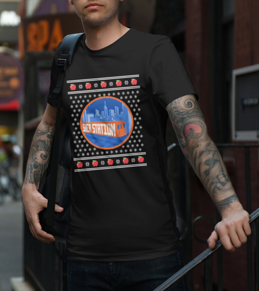 Shea Station New York Skyline Subway Snowflakes Apples T-Shirt