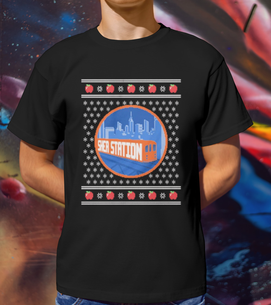 Shea Station New York Skyline Subway Snowflakes Apples T-Shirt