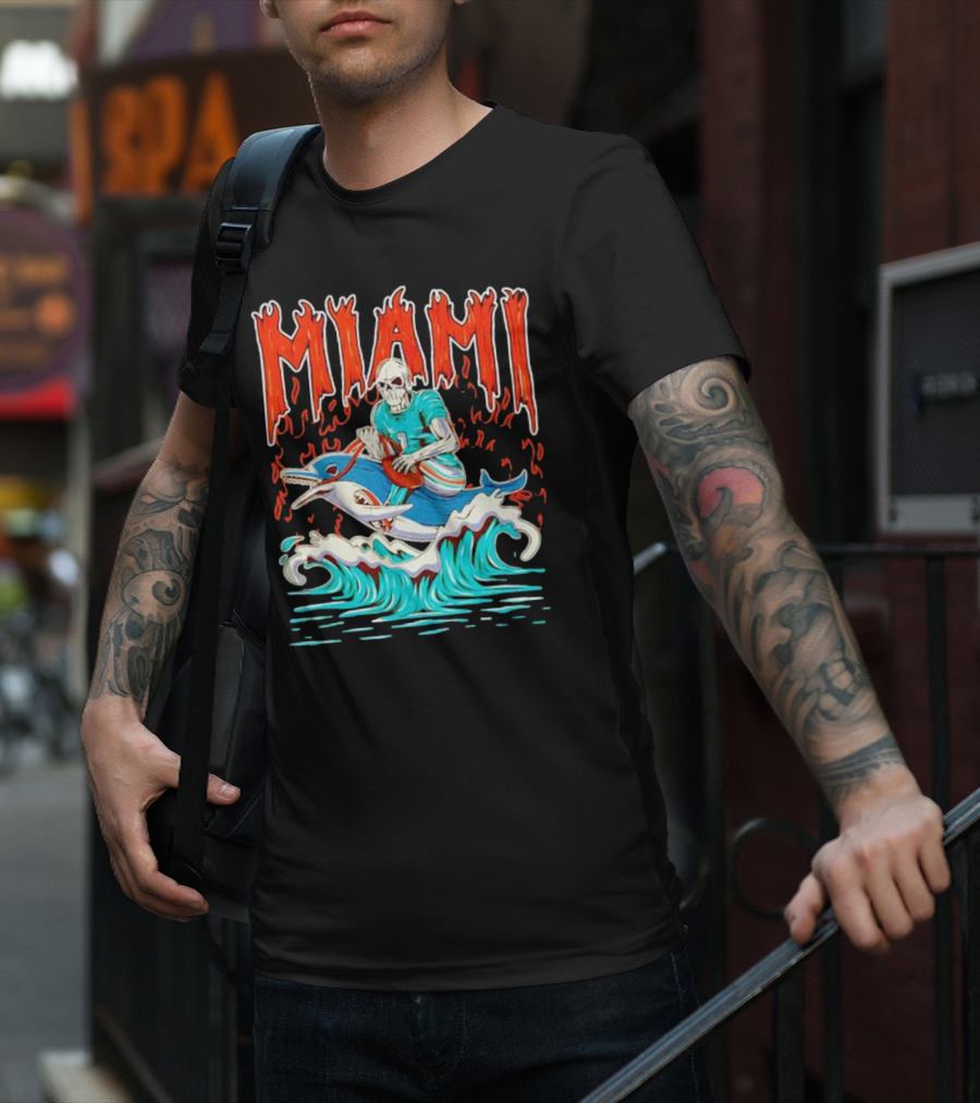 MIAMI Skeleton Riding Dolphin With Football And Flames T-Shirt