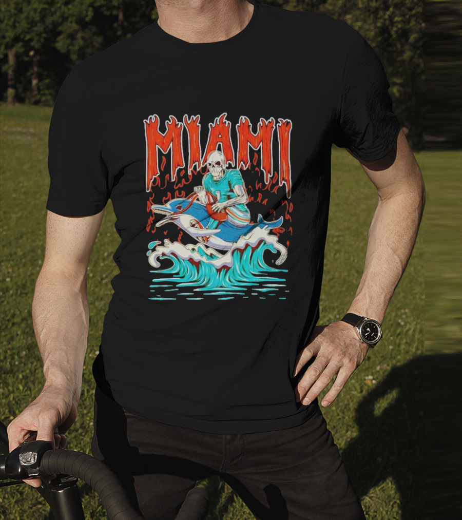 MIAMI Skeleton Riding Dolphin With Football And Flames T-Shirt