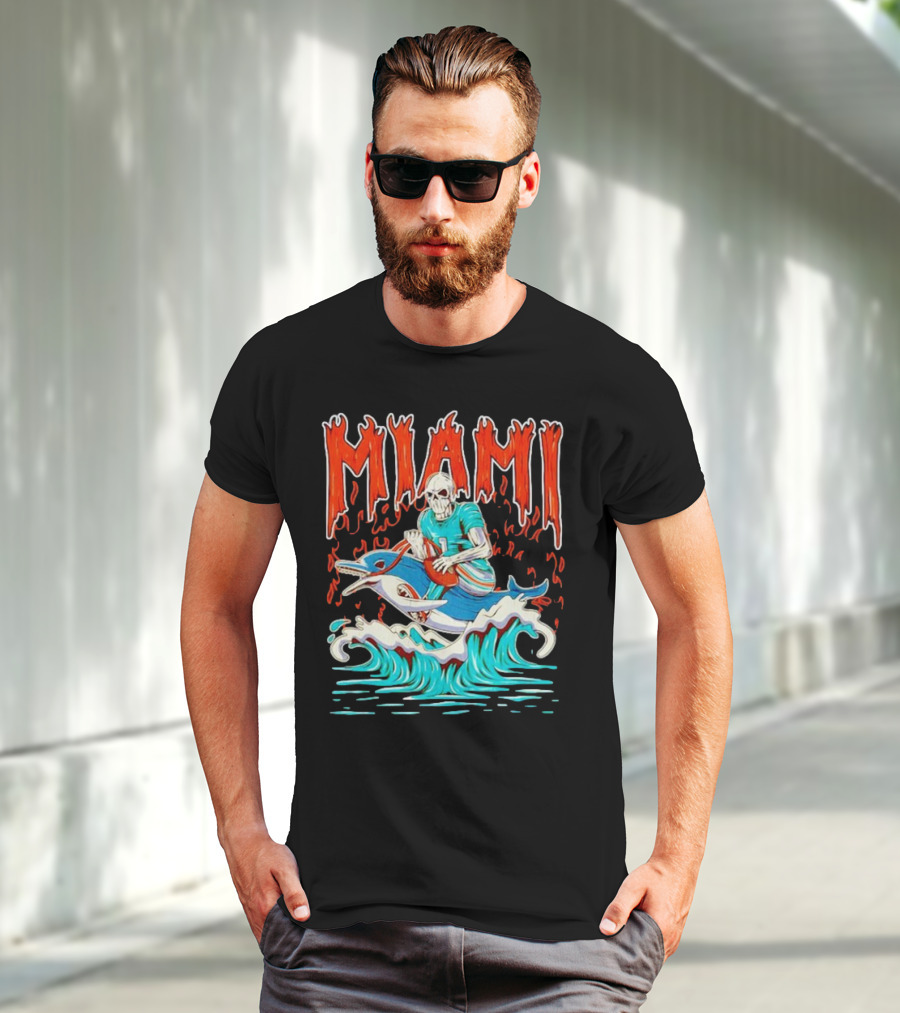 MIAMI Skeleton Riding Dolphin With Football And Flames T-Shirt