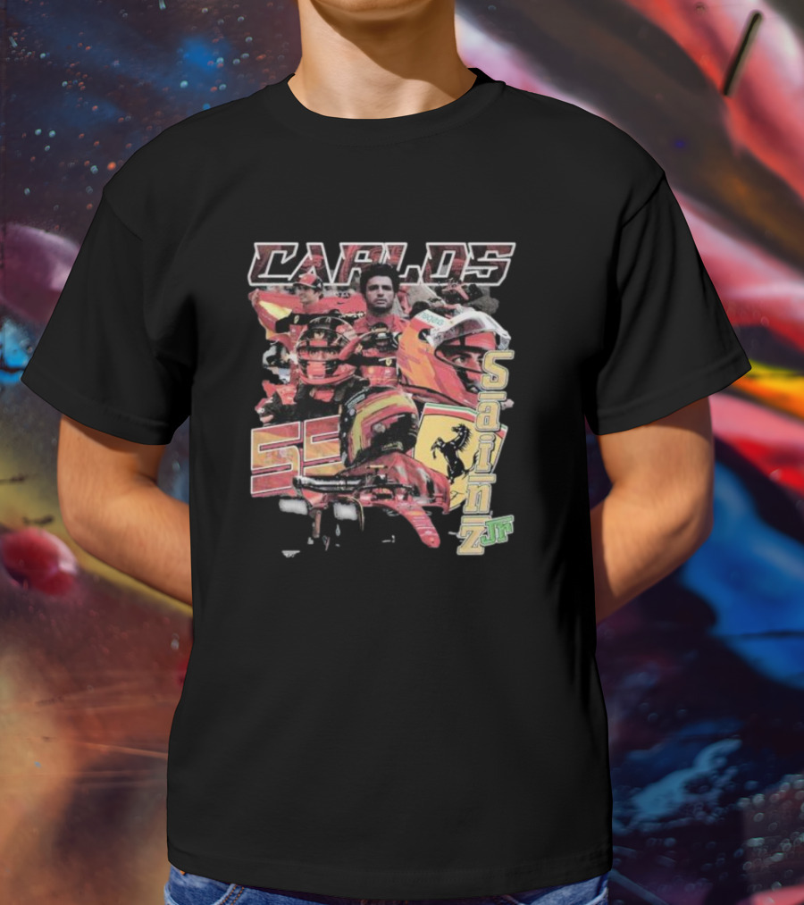 Carlos Sainz Jr Ferrari Racing Inspired Collage With Car Number 55 T-Shirt