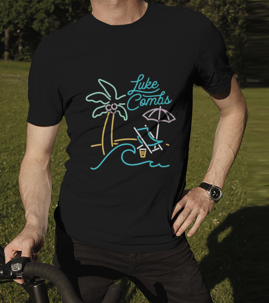 Luke Combs Neon Palm Tree Beach Scene With Umbrella And Chair T-Shirt