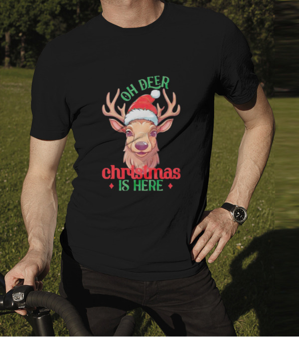 Oh Deer Christmas Is Here Festive Reindeer Santa Hat T-Shirt