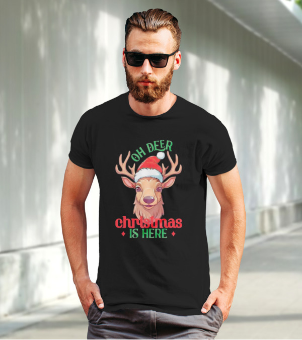 Oh Deer Christmas Is Here Festive Reindeer Santa Hat T-Shirt