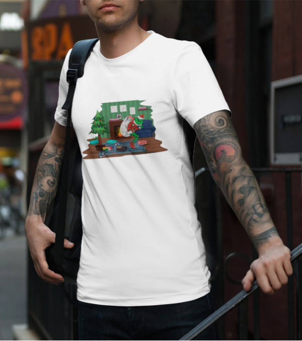 Grinch In Santa Outfit Stealing Presents By The Christmas Tree T-Shirt