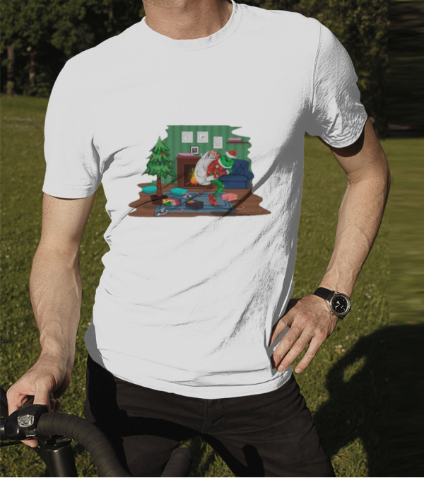 Grinch In Santa Outfit Stealing Presents By The Christmas Tree T-Shirt