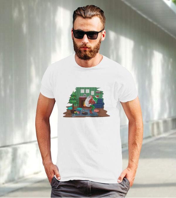 Grinch In Santa Outfit Stealing Presents By The Christmas Tree T-Shirt