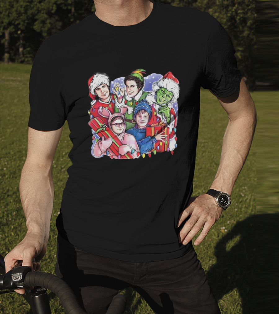 Christmas Friends Movie Character Santa Elf Grinch Pink Bunny T-Shirt