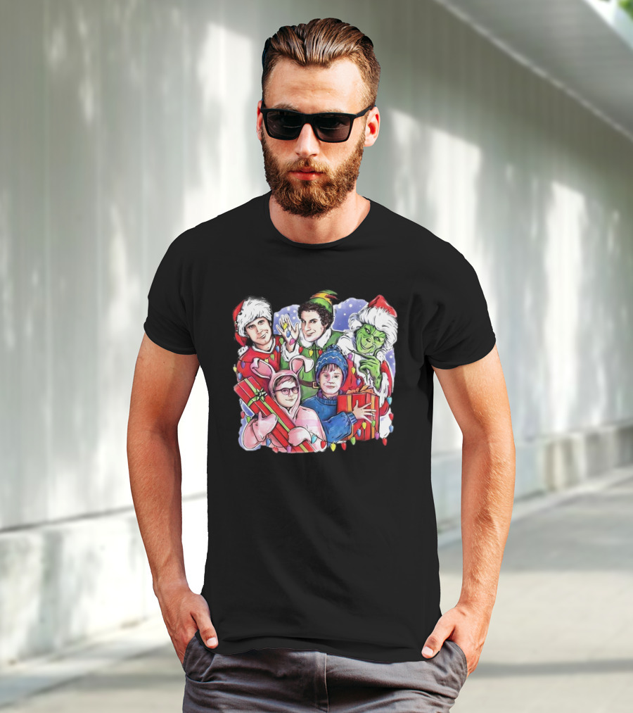 Christmas Friends Movie Character Santa Elf Grinch Pink Bunny T-Shirt