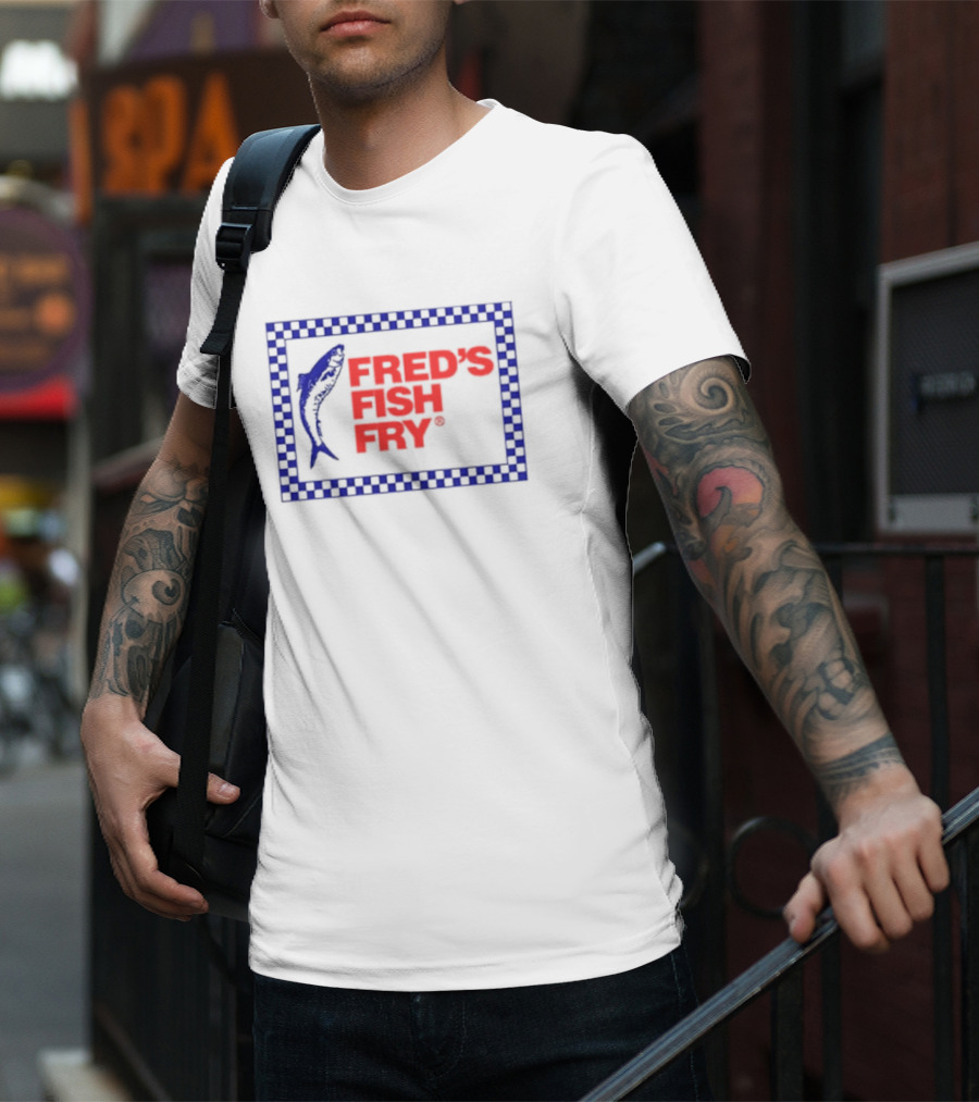 Fred’s Fish Fry Red And Blue Checkered Border With Fish T-Shirt