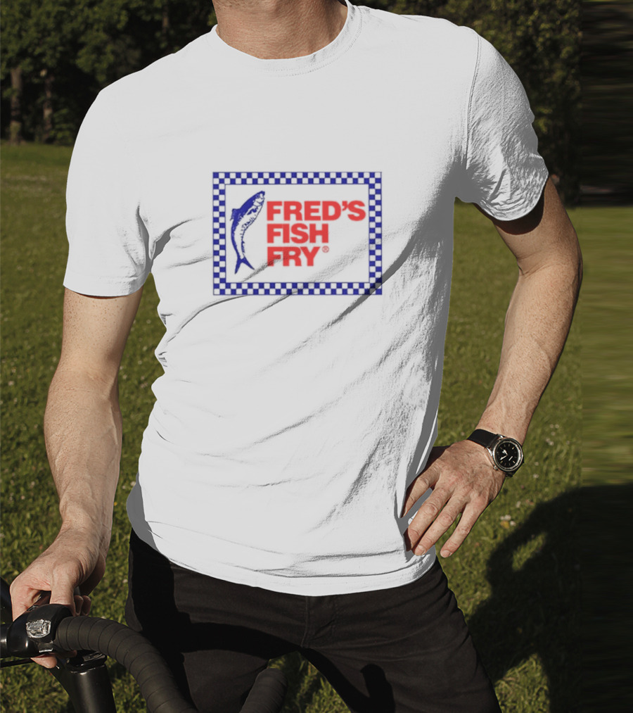Fred’s Fish Fry Red And Blue Checkered Border With Fish T-Shirt