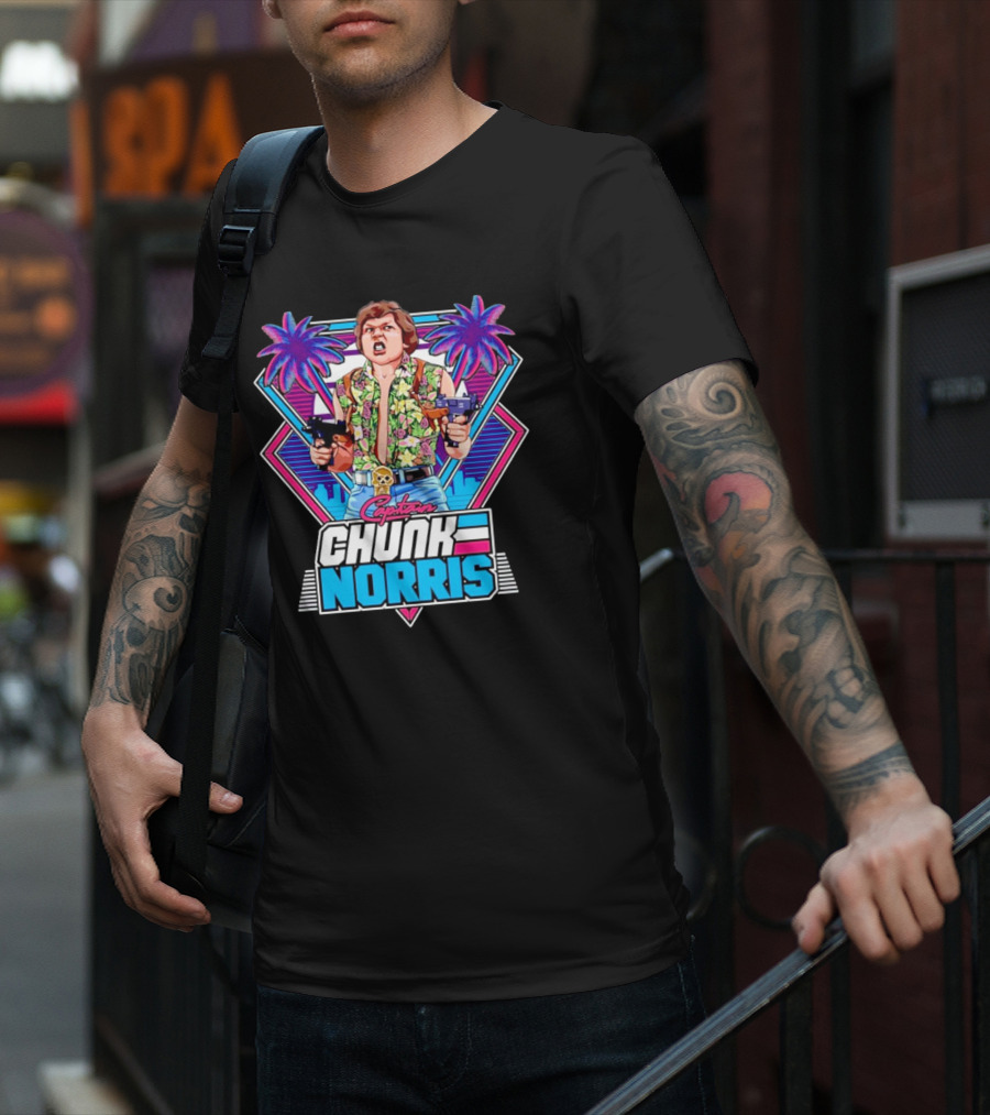 Captain Chunk Norris Retro Miami Vice Styled Character With Dual Pistols And Neon Palm Trees T-Shirt
