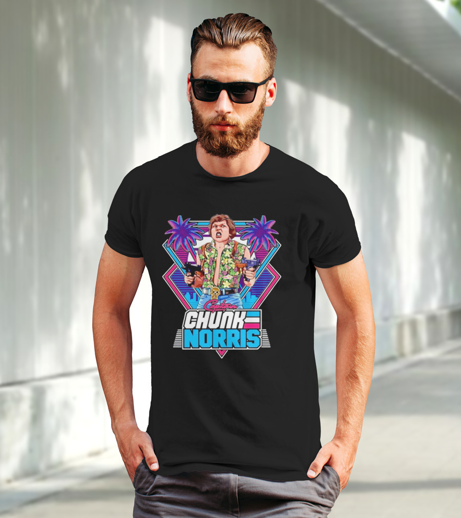 Captain Chunk Norris Retro Miami Vice Styled Character With Dual Pistols And Neon Palm Trees T-Shirt