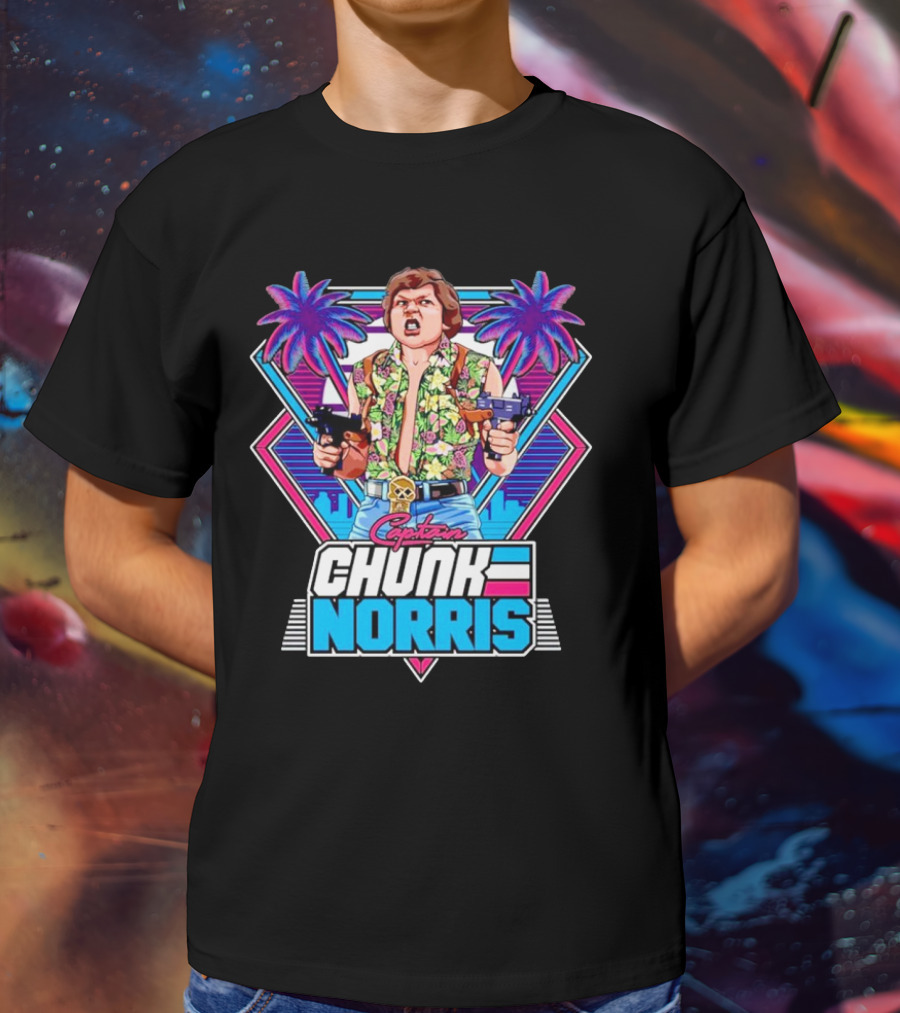 Captain Chunk Norris Retro Miami Vice Styled Character With Dual Pistols And Neon Palm Trees T-Shirt