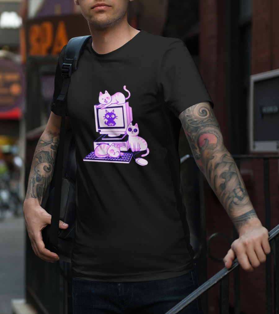 Cats Over Retro Computer With Pixel Art Cat On Screen T-Shirt