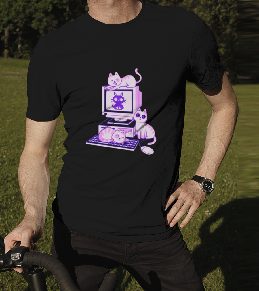 Cats Over Retro Computer With Pixel Art Cat On Screen T-Shirt